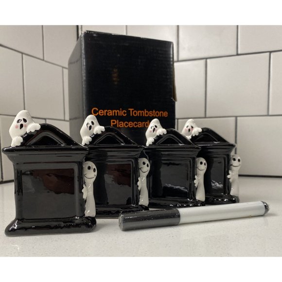 HARRY AND DAVID HALLOWEEN CERAMIC GHOST TOMBSTONE PLACE CARDS, (4), EUC - Picture 1 of 6